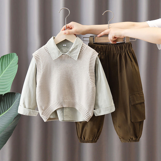 Boy Casual Shirt, Vest & Cargo Pants Set