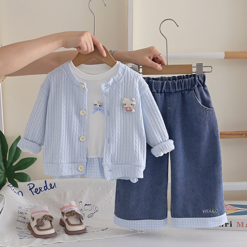 Girls Cable Knit Cardigan Sweater 3-Piece Spring Autumn Set