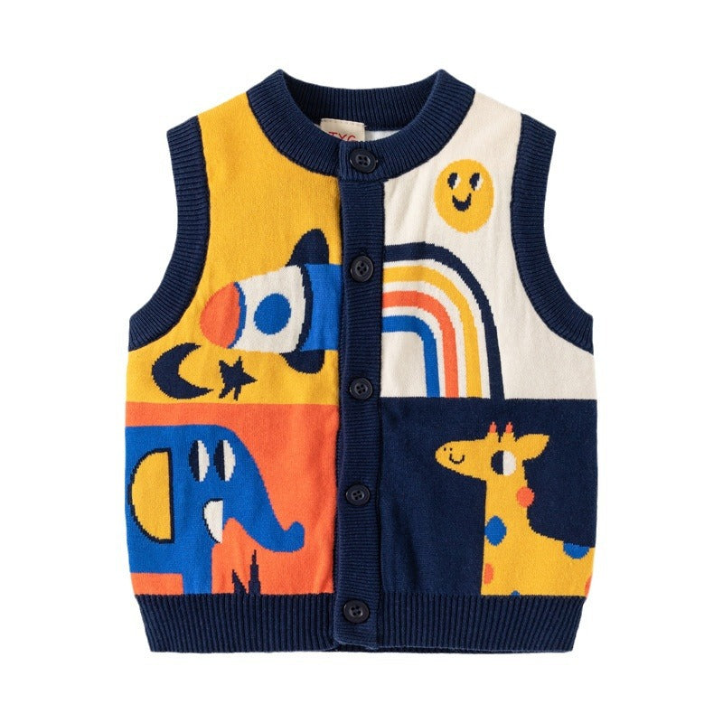 Boys' Cartoon Jacquard Double-Layer Open-Front Knit Vest