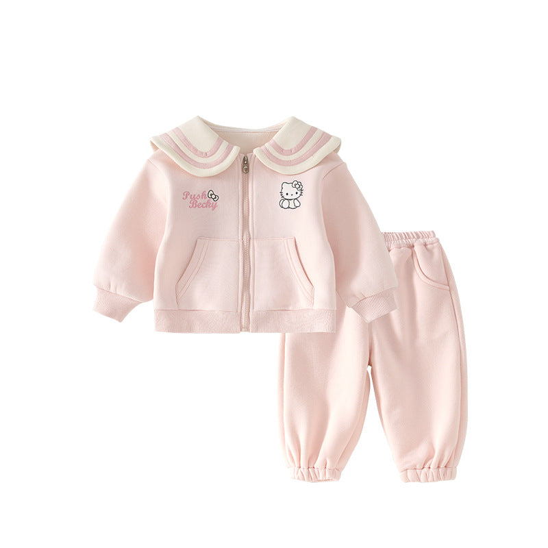 Girls Spring KT Cat Embroidery Lapel Collar Two-Piece Set