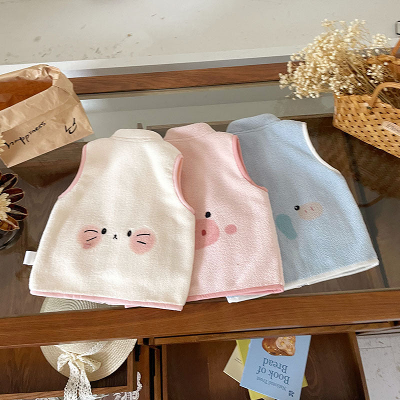 Kids' Cartoon Animal Color Block Zip-Up Fleece Stand Collar Vest for Autumn Winter