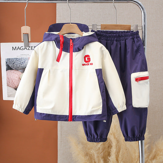 Boy Colorblock Hooded Windbreaker Jacket & Cargo Pants Set