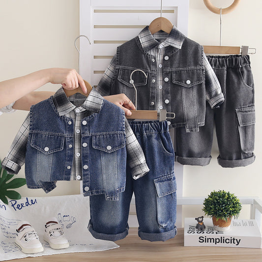 Boy Plaid Denim Vest, Shirt & Cargo Pants Set