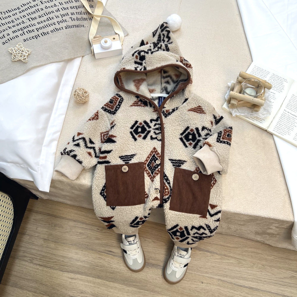 Lamb fleece hooded long climbing suit for winter