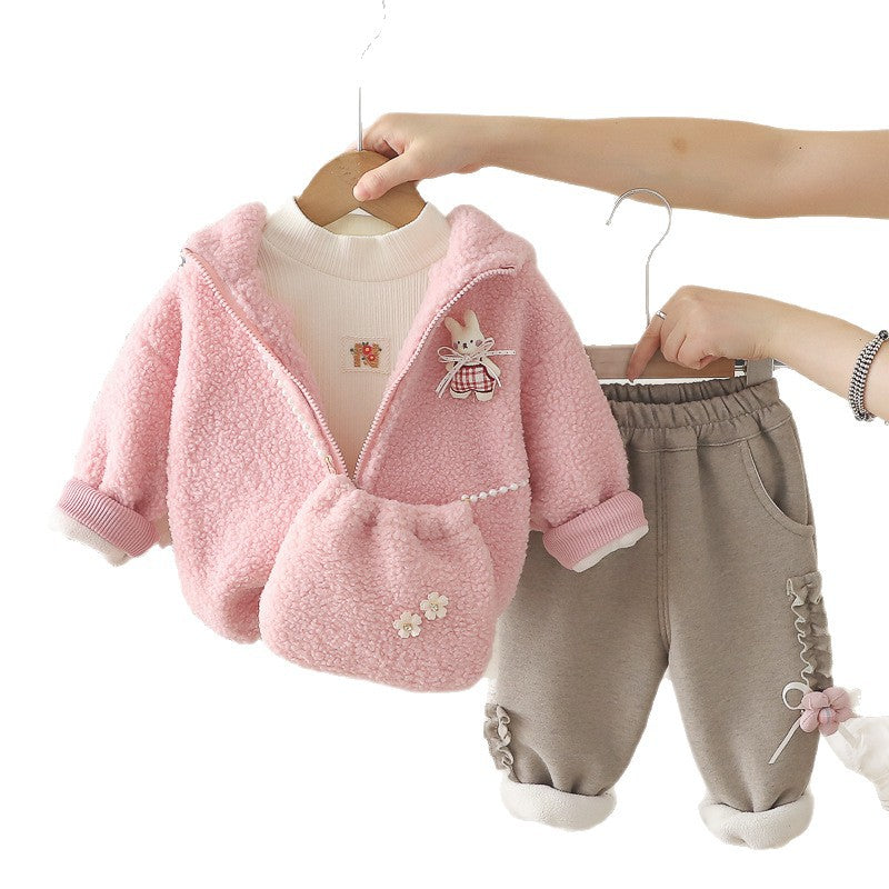 Girl Winter Fleece Hoodie & Ruffle Sweatpants 3-Piece Set
