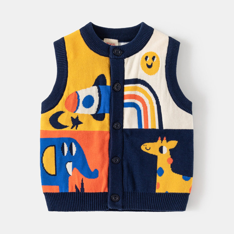 Boys' Cartoon Jacquard Double-Layer Open-Front Knit Vest