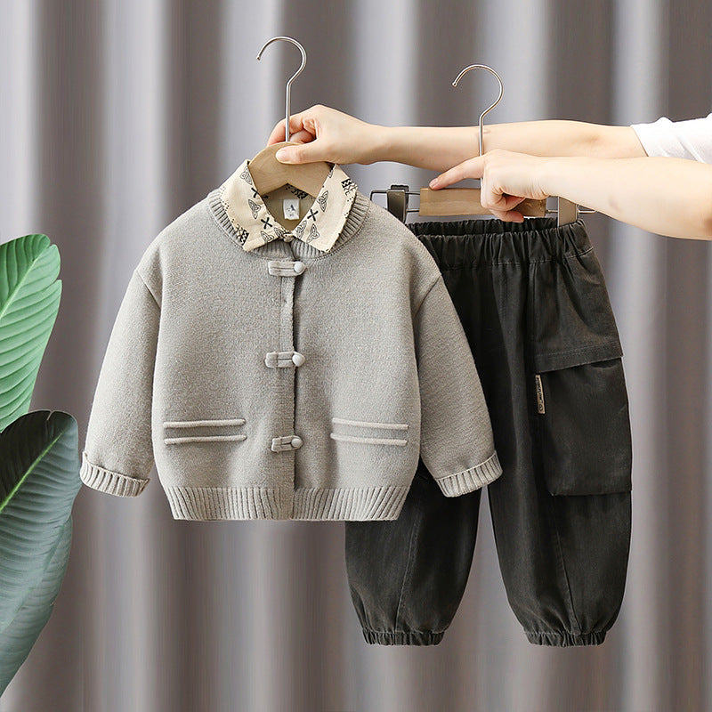Boy Collar Knit Sweater & Cargo Pants Set
