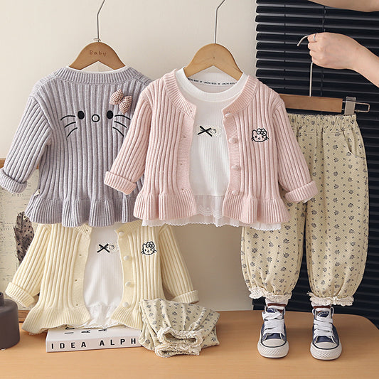 Girl Embroidered Cardigan & Floral Pants Set
