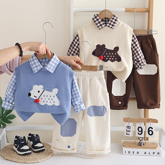 Boy Dog Motif Knit Vest, Shirt and Pants Set