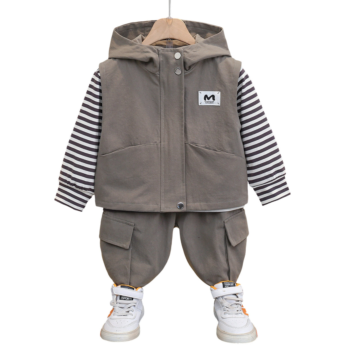Boy Striped Long Sleeve Top Cargo Pants & Hooded Vest 3-Piece Set