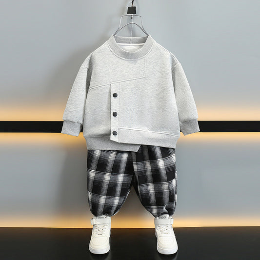 Boy Plaid Pants & Button Detail Sweatshirt Set