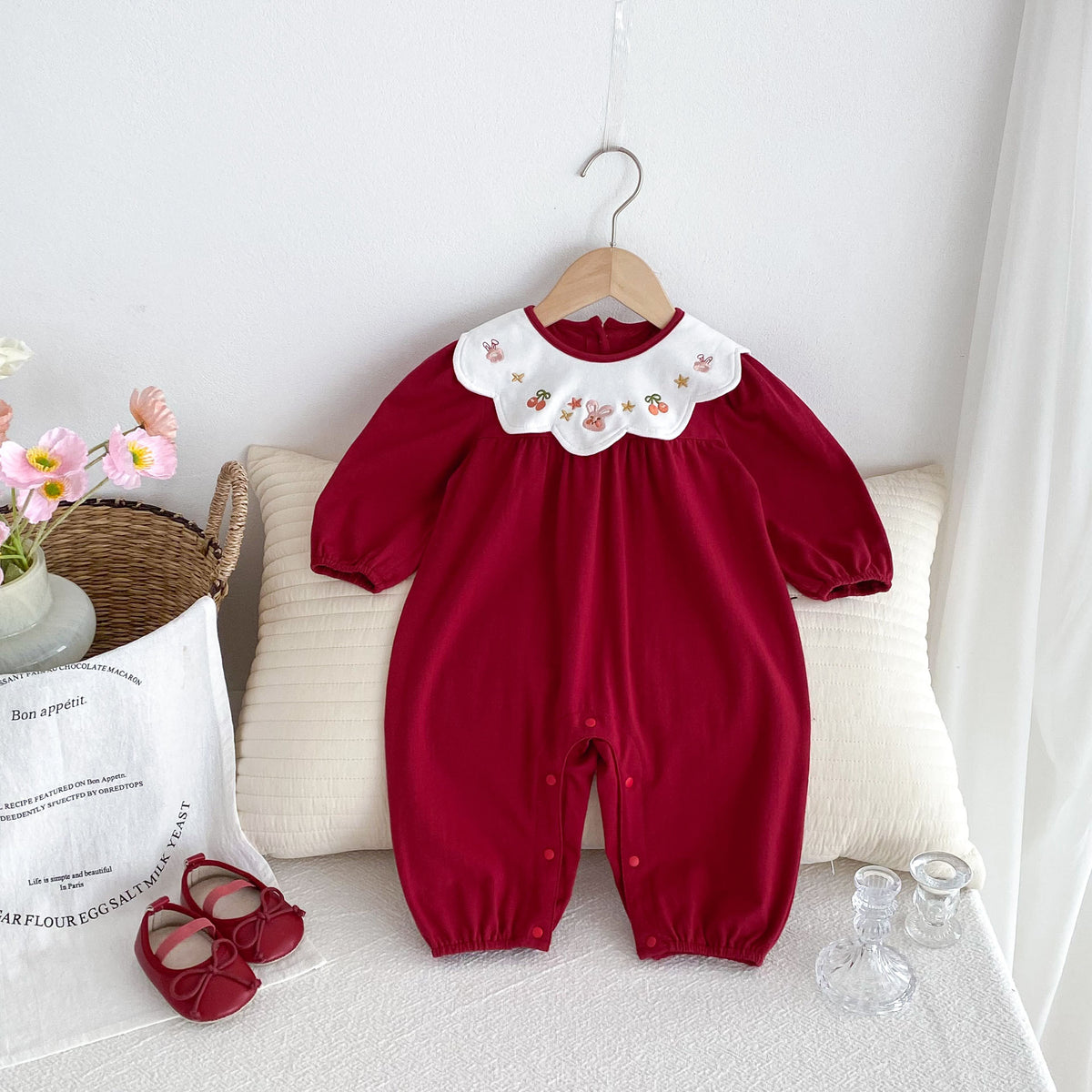 Girl Vintage Style Embroidered Collar Long Sleeve Romper