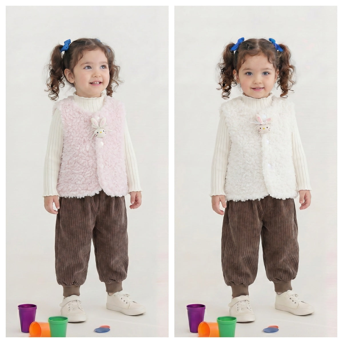 Girl Plush Bunny Vest, Ribbed Sweater & Pants 3-Piece Set