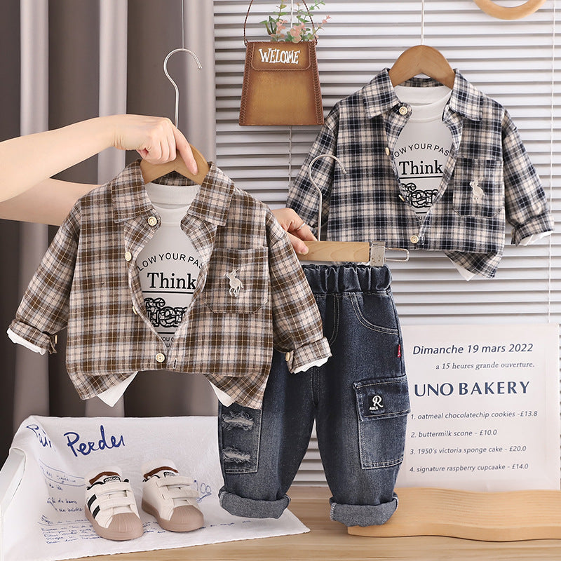 Boy Casual Plaid Shirt, Tee & Denim Pants Set