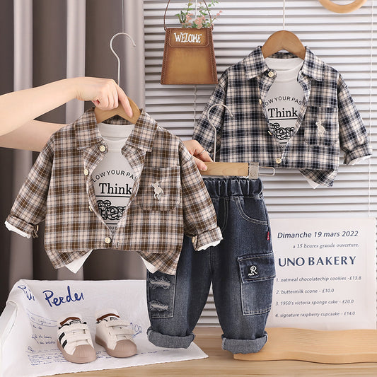 Boy Casual Plaid Shirt, Tee & Denim Pants Set