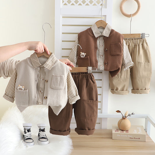 Boy Striped Shirt with Knit Vest and Cargo Pants Set