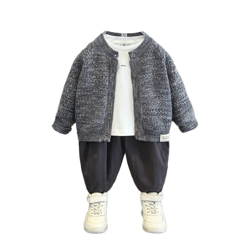 Boy Cozy Knit Cardigan T-Shirt & Shorts 3-Piece Set