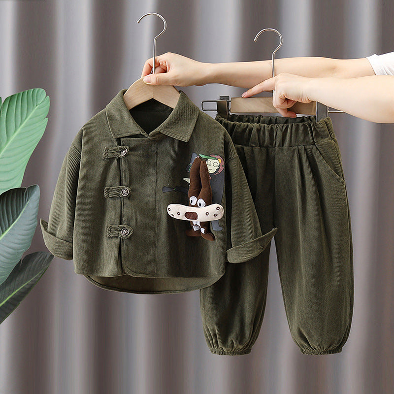 Boy Cartoon Patch Detail Corduroy Shirt & Pants Set
