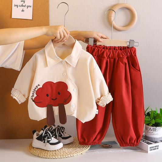Girl Cartoon Tree Print Shirt & Pants Set