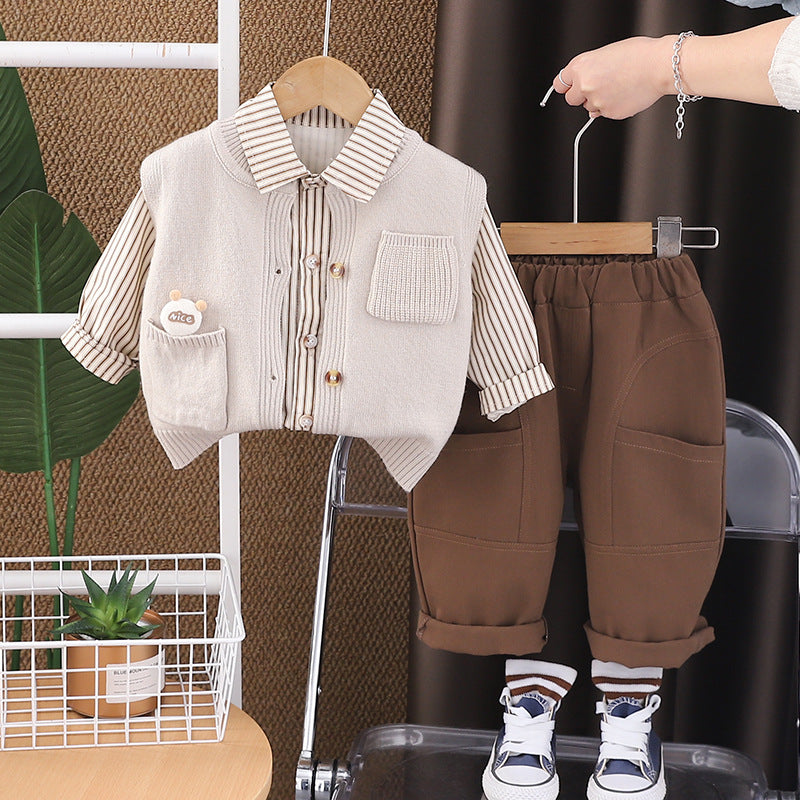 Boy Striped Shirt with Knit Vest and Cargo Pants Set