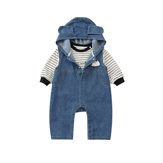 Boy Striped Long Sleeve Top & Hooded Denim Romper 2-Piece Set