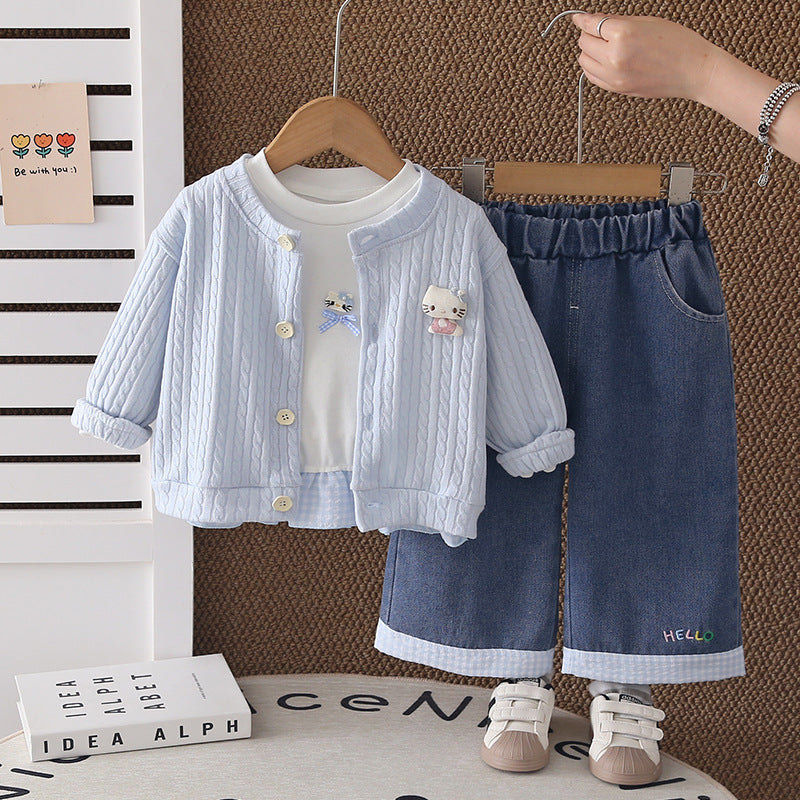 Girls Cable Knit Cardigan Sweater 3-Piece Spring Autumn Set