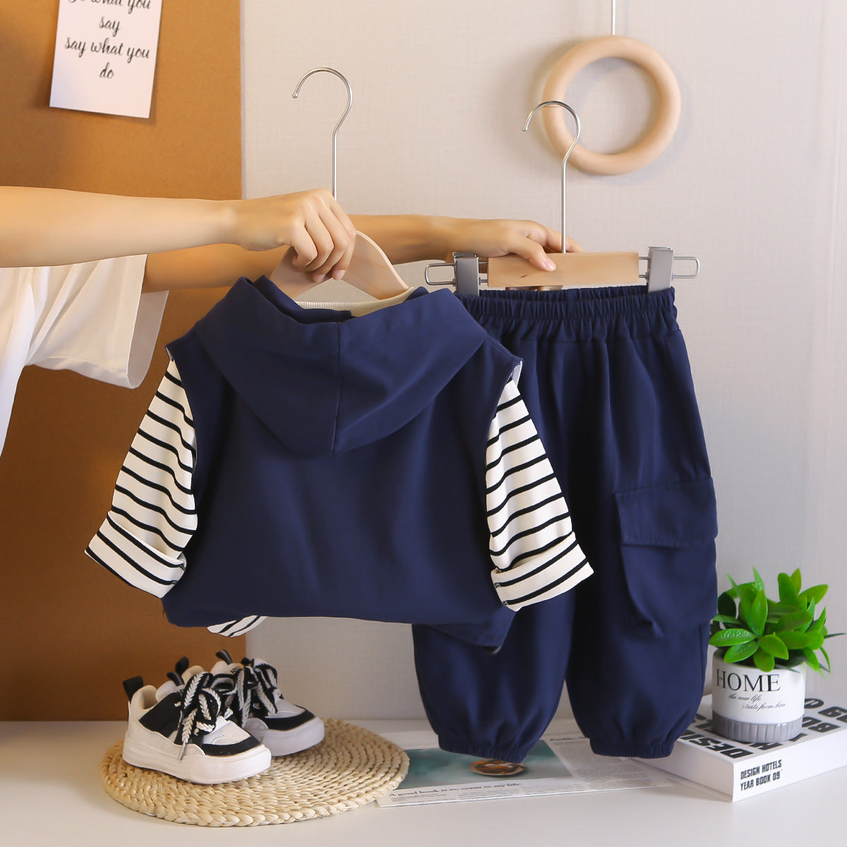Boys Striped Hooded Cargo Vest 3 Piece Set