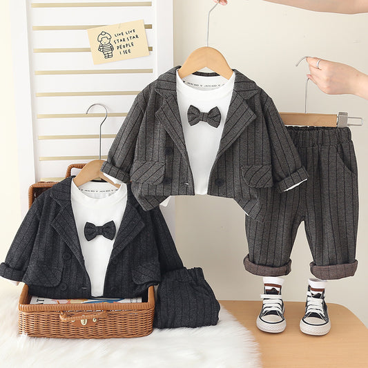 Boy Striped Bow Tie Blazer Jacket and Pants Set