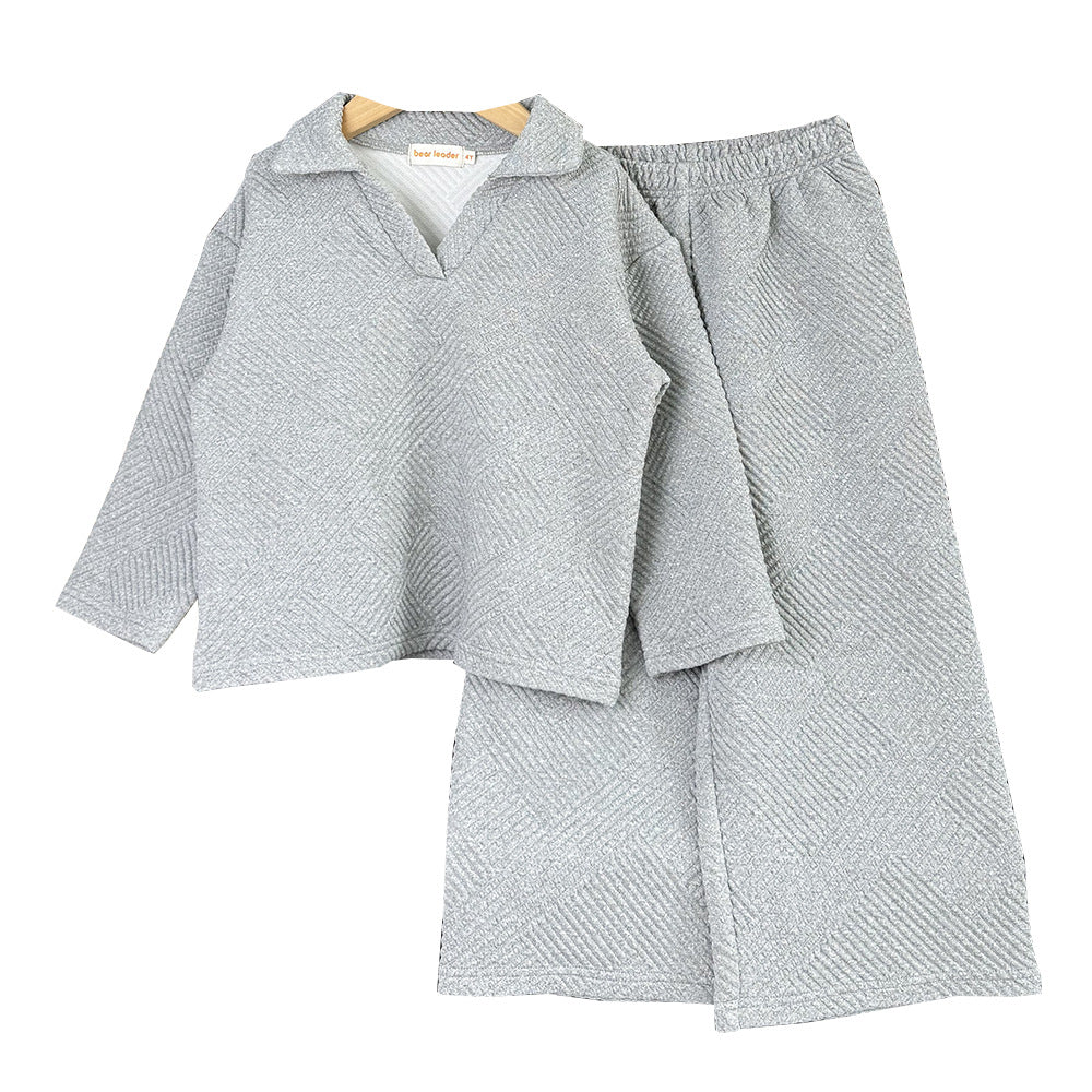 Loose Simple Solid Color Girl New V-Neck Turn-Down Collar Two-Piece Set