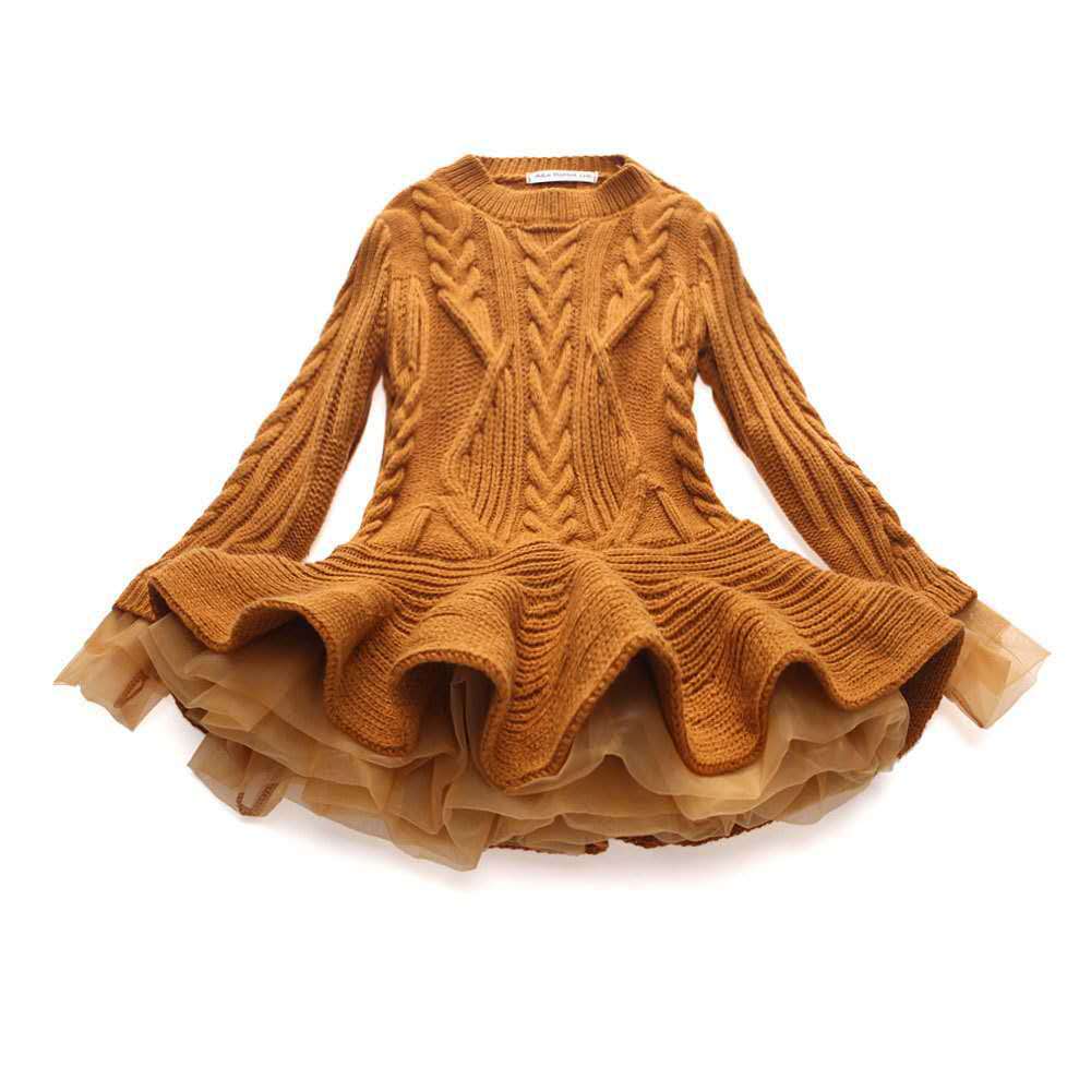 Style Knit Long Sleeve Princess Girls Sweater Dress