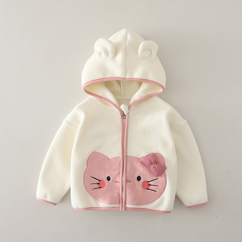 Girl Cute Cat Ear Applique Hooded Fleece Jacket