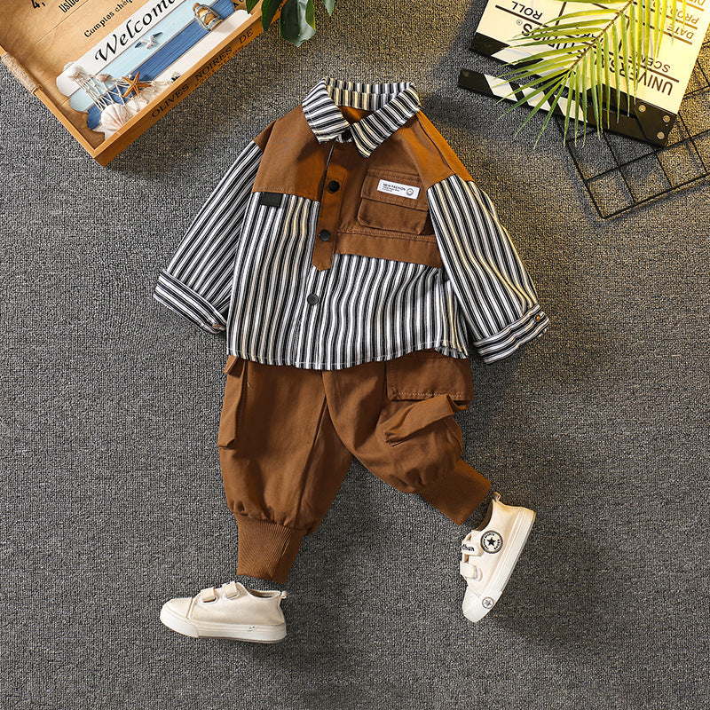 Boy Striped Contrast Pocket Shirt & Cargo Pants Set