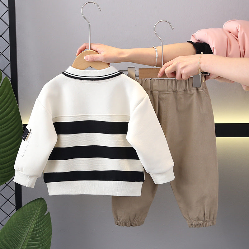 Boy Striped Collar Top & Casual Pants Set