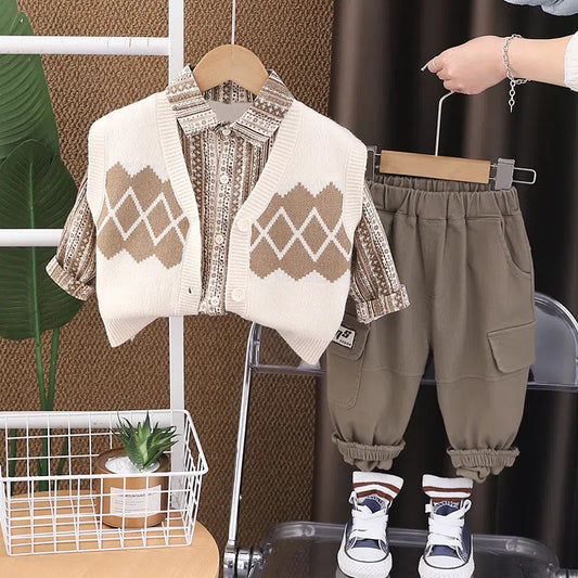 Boy Argyle Vest, Shirt & Cargo Pants Set
