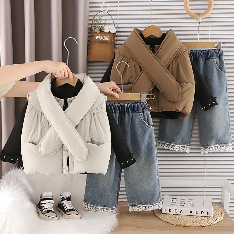 Girl Casual Puff Vest Denim Lace Trim Pants 3-Piece Set