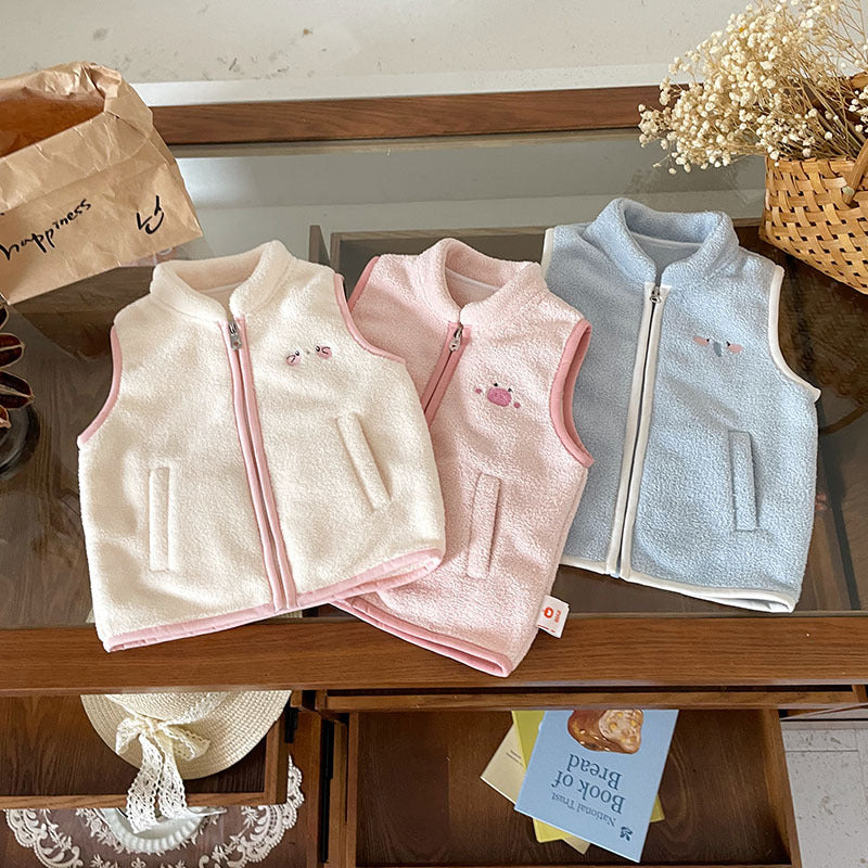 Kids' Cartoon Animal Color Block Zip-Up Fleece Stand Collar Vest for Autumn Winter