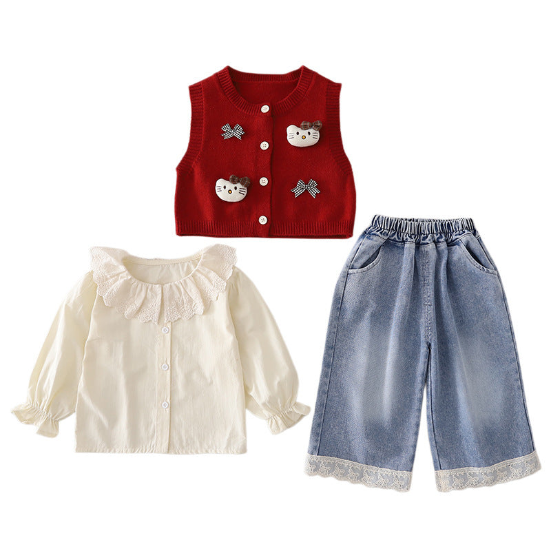 Girl Cute Bow Applique Knit Vest & Lace Trim Denim Pants Set