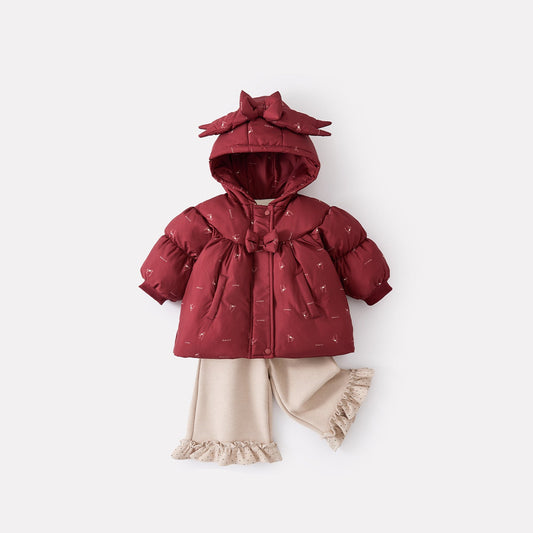 Girl Ruffle Trim Pants & Bow Detail Puffer Jacket Set