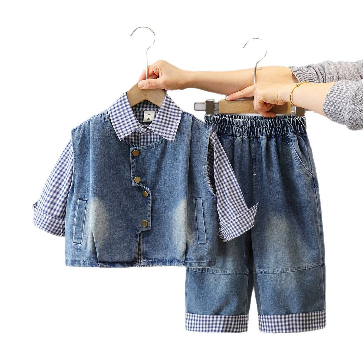 Boy Gingham Shirt, Denim Vest & Shorts Set