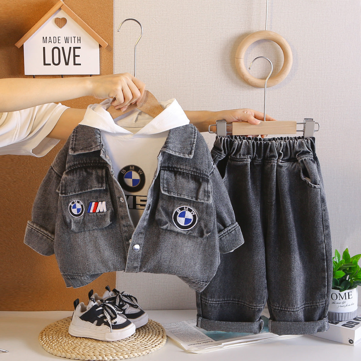 Boys Denim Patch Hooded Jacket Set