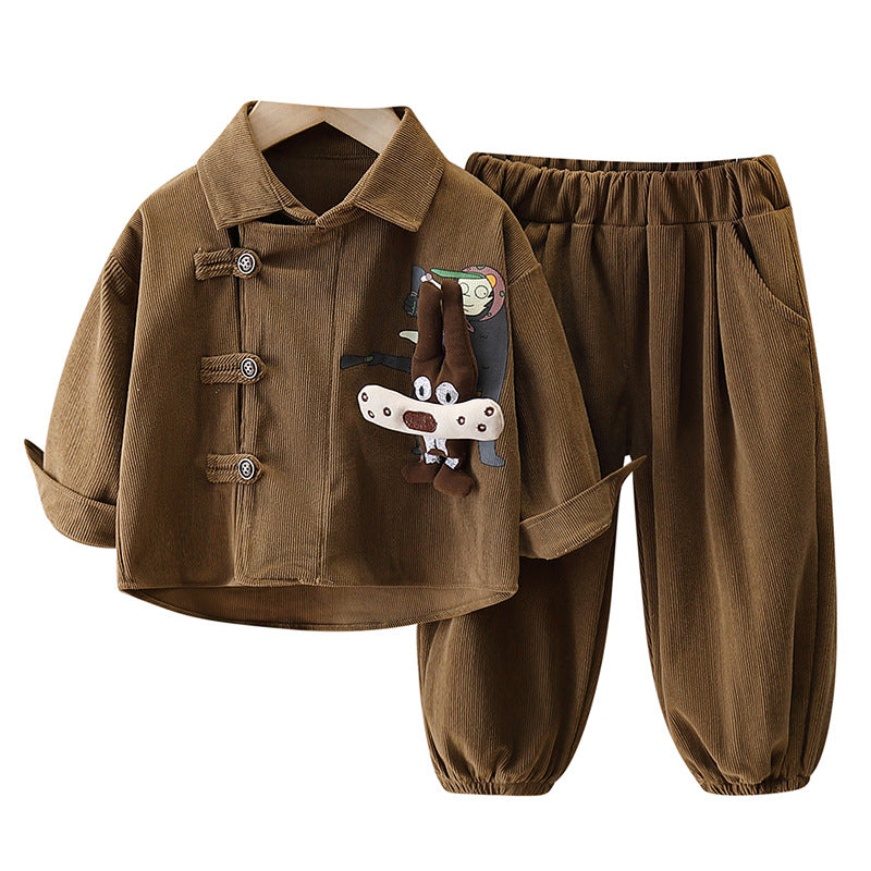 Boy Cartoon Patch Detail Corduroy Shirt & Pants Set