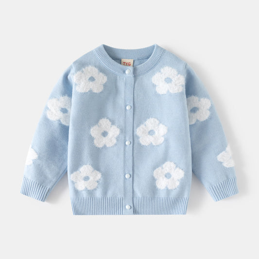 Girl Blue Floral Button Cardigan Sweater