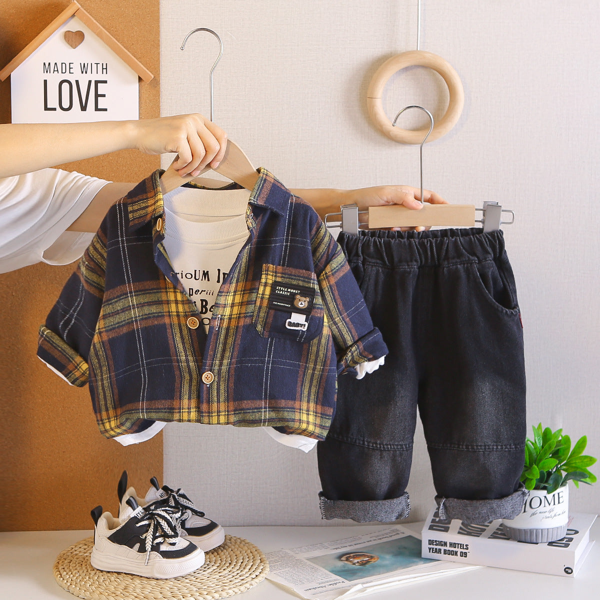 Boys Kids Plaid Shirt Jacket T-shirt Pants Casual Outfit Set