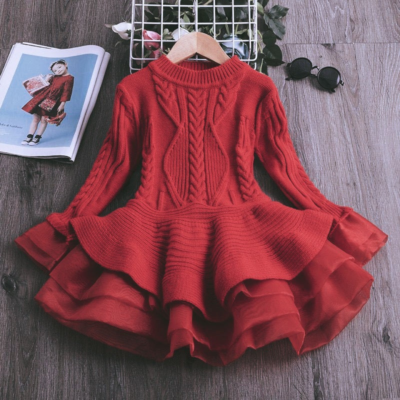 Style Knit Long Sleeve Princess Girls Sweater Dress