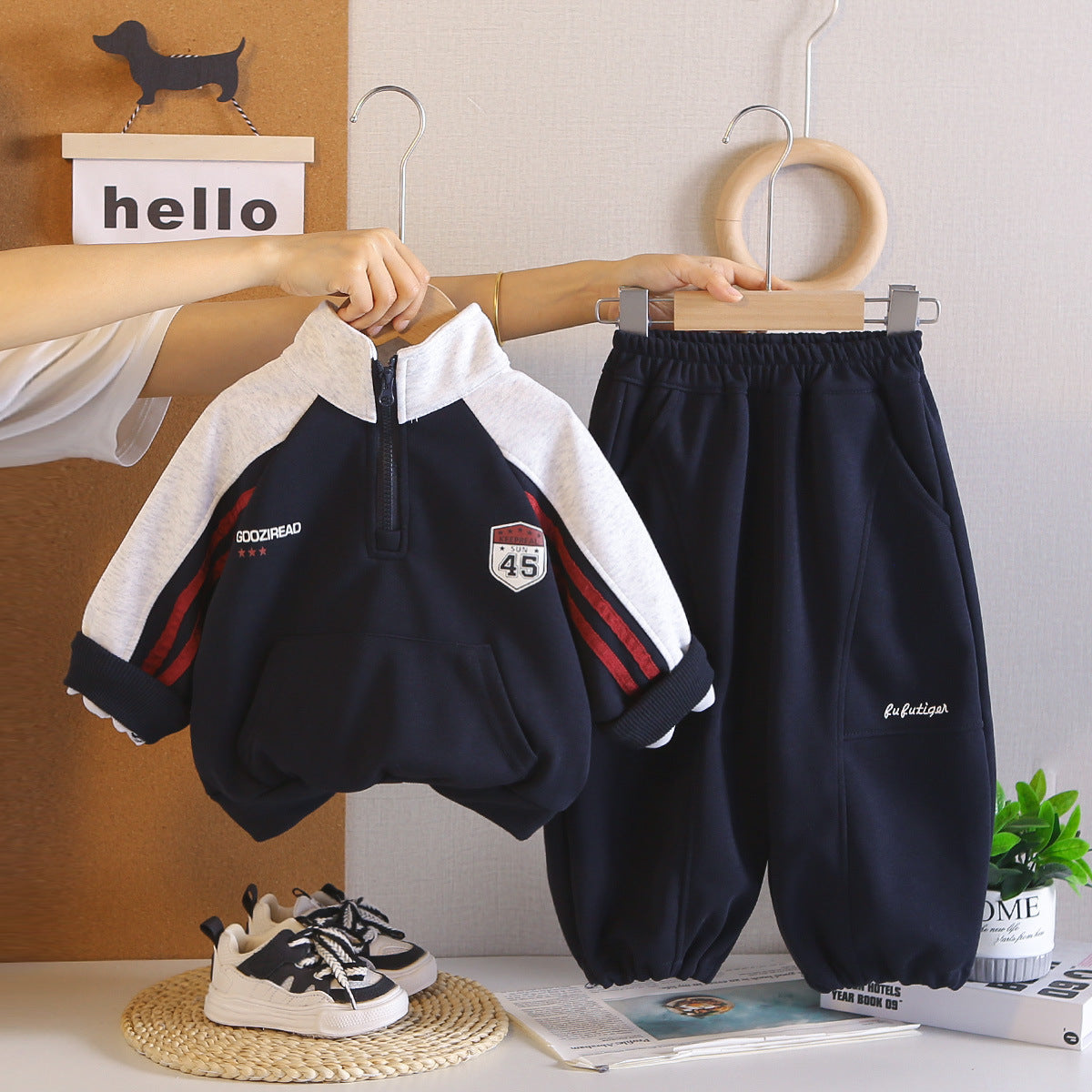 Boy Colorblock Zip Neck Sweatshirt & Jogger Pants Set