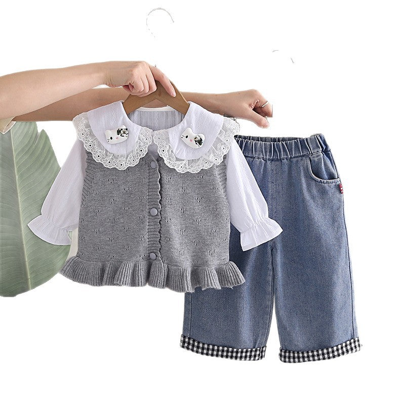 Girl Lace Collar Knit Vest, Shirt & Denim Pants Set
