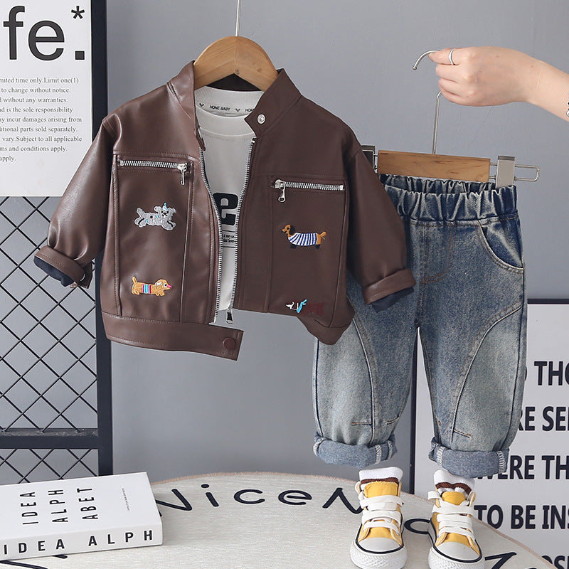 Boy Puppy Embroidered Faux Leather Jacket & Denim Pants Set