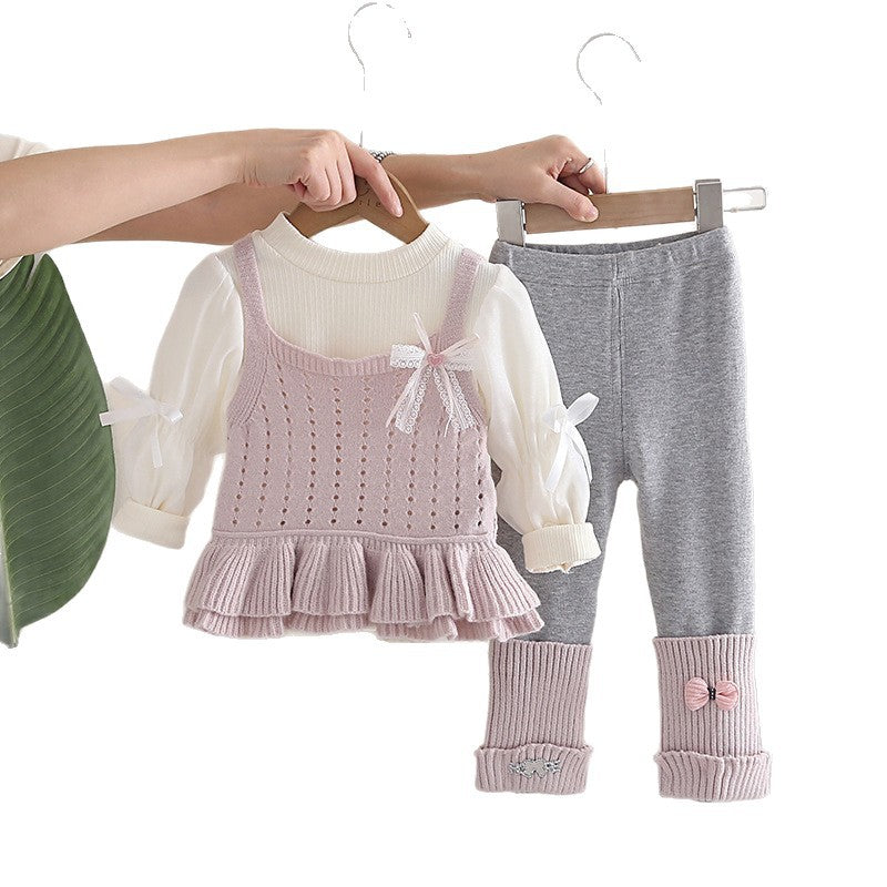 Girls Autumn Spring 3-Piece Set Bow Tie Vest Outfit