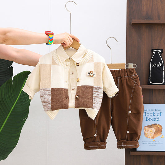 Boy Plaid Knit Vest, Shirt & Brown Pants Set