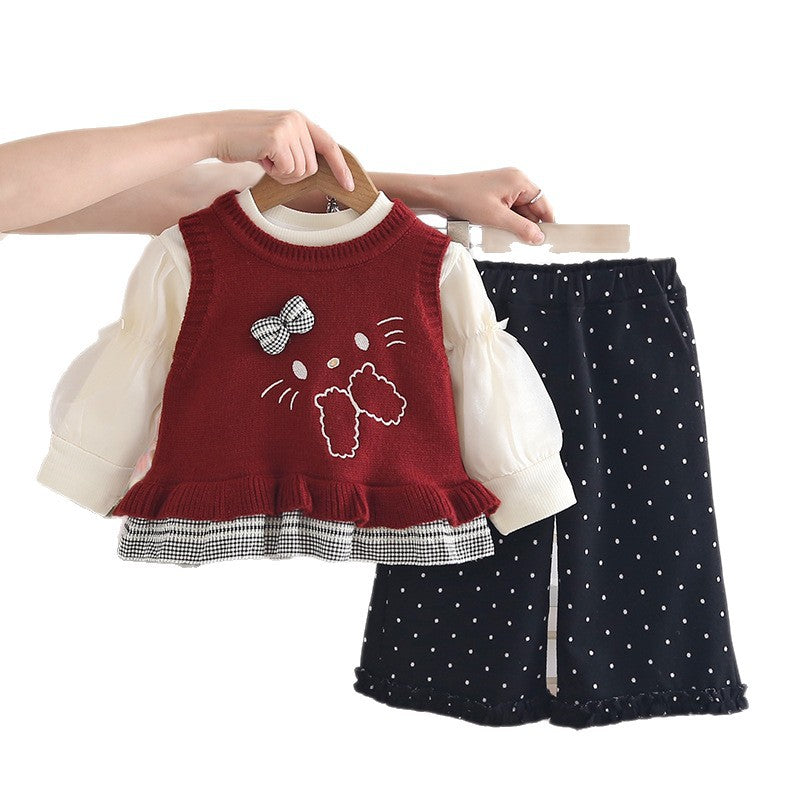 Girl Cute Cat Knit & Polka Dot Pants Set